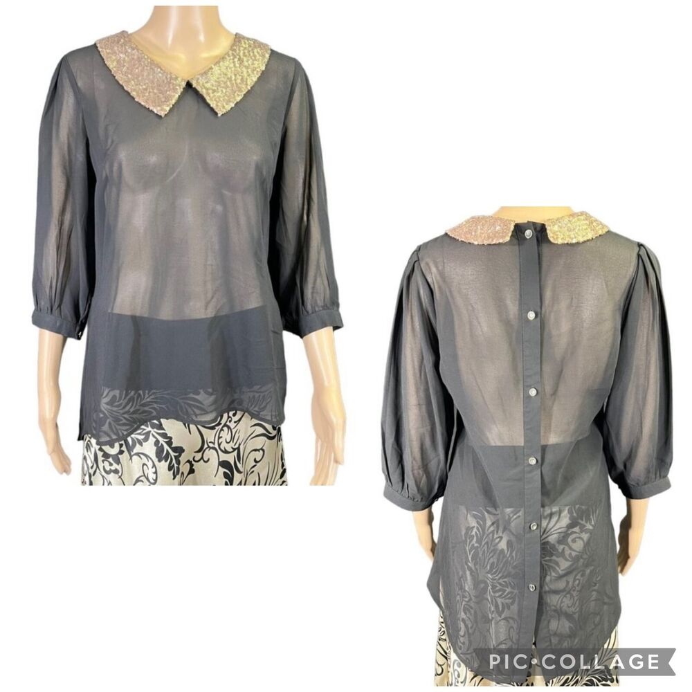 BKE Boutique Small Sheer Chiffon Blouse Sequin Collar Black Gold Y2K Revival